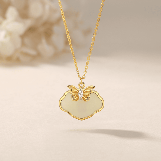 Butterfly Whisper Gold & White Jade Butterfly Pendant Necklace