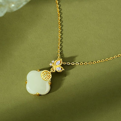 Golden Clover Blossom Jade Ru Yi Necklace