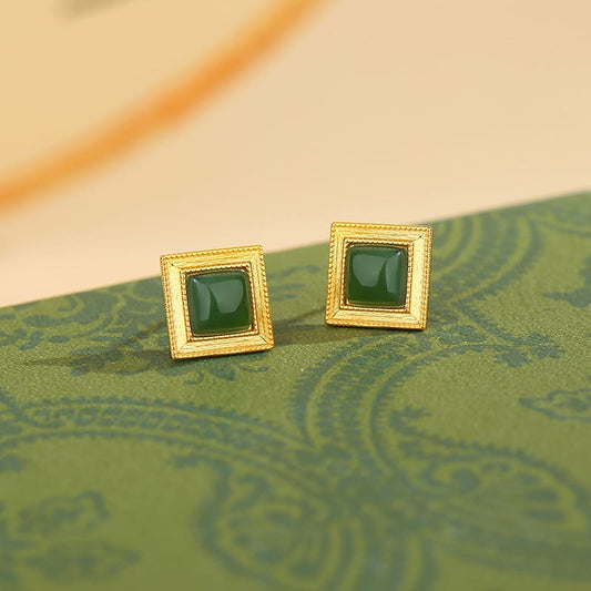 Classic Square Green Jade Stud Earrings