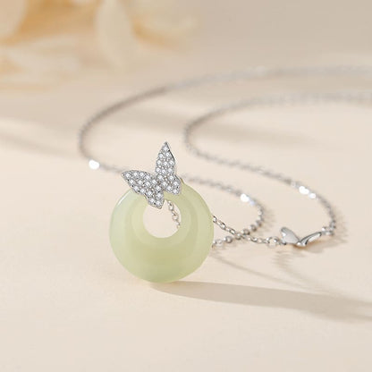 Ethereal Butterfly & Jade Circle Pendant Necklace