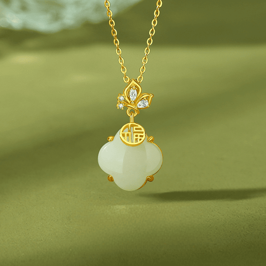 Golden Clover Blossom Jade Ru Yi Necklace