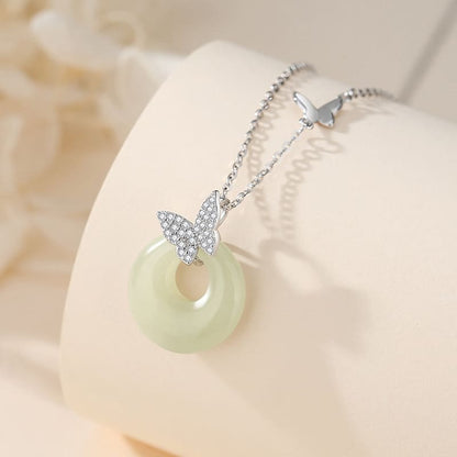 Ethereal Butterfly & Jade Circle Pendant Necklace